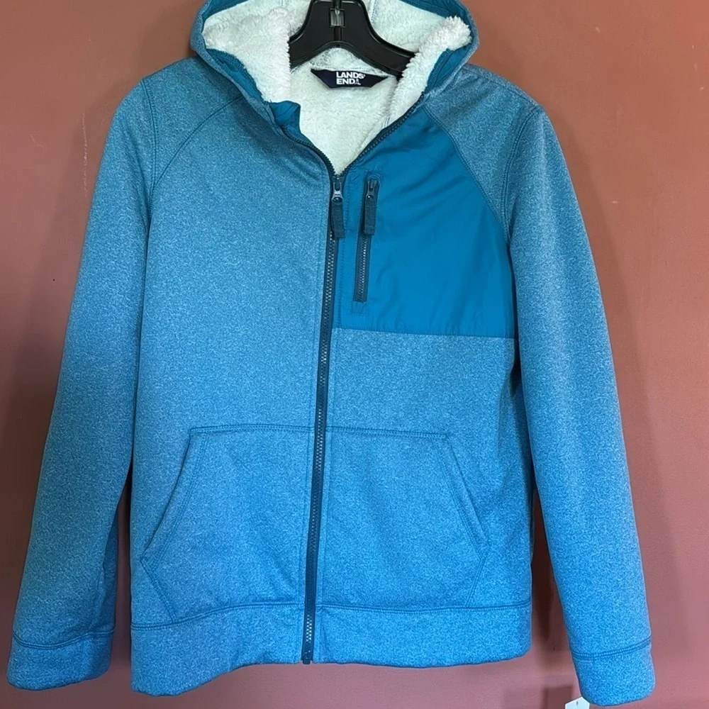 NWT Lands' End Hooded Fleece Sherpa Jacket  Youth XL (14-16) Blue Full Zip